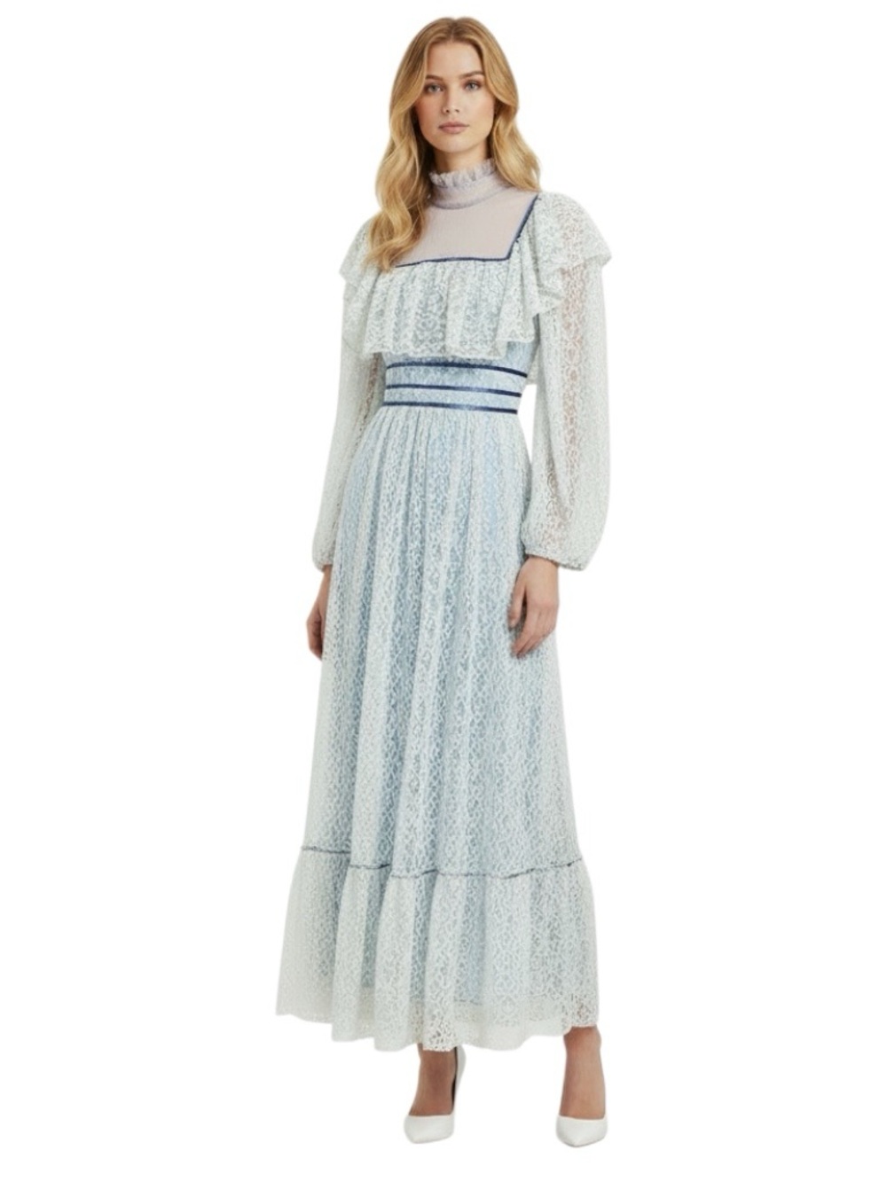 Vintage 70s Candi Jones California Custom Dyed Blue Lace Prairie Maxi Dress XXS